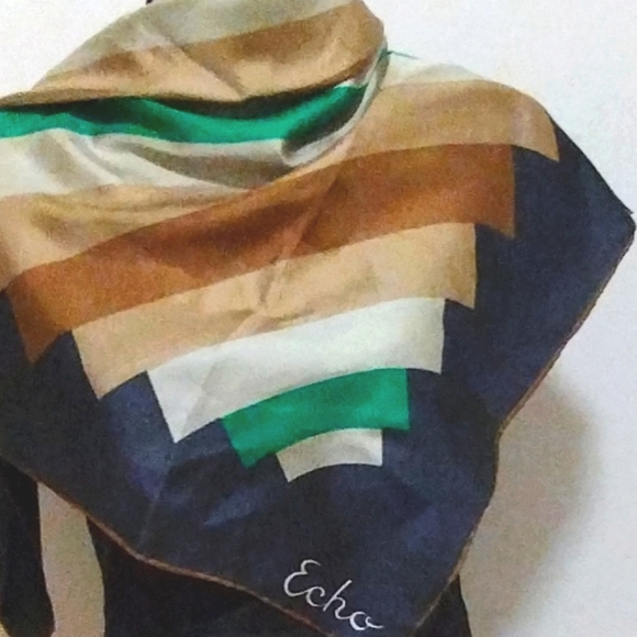 Echo Silk Scarf Vintage Geometric Pattern Large 31" square - Picture 4 of 9